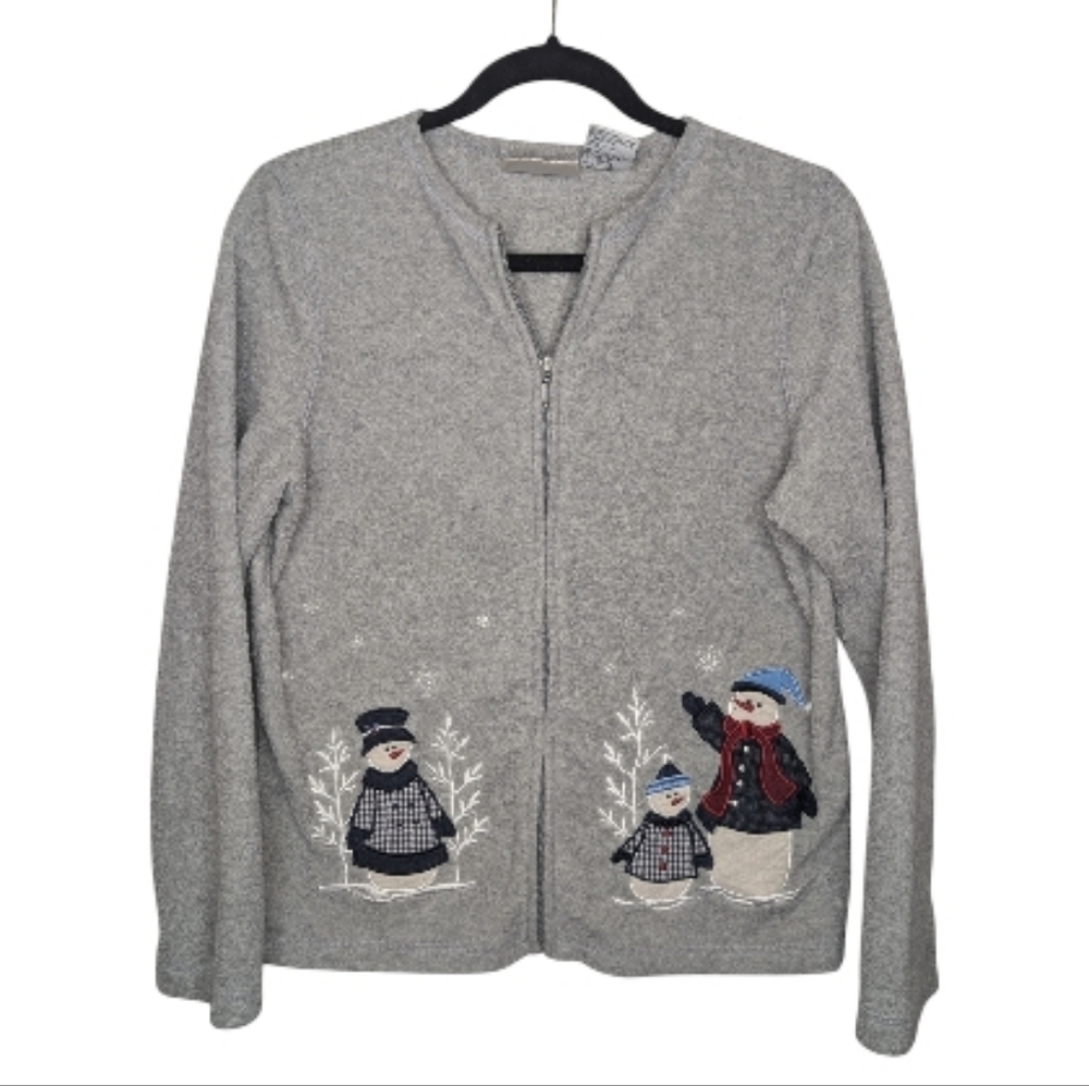 Vintage Womens Small Grey Zip Up Fleece Snowman Embroidered Winter Sweater